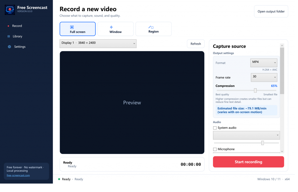 Free Screencast 8.0 recording interface with display, window, region, audio, format, compression, and timing controls