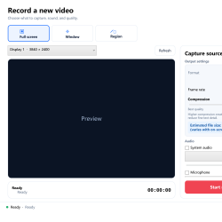 Free Screencast 8.0 recording interface with display, window, region, audio, format, compression, and timing controls