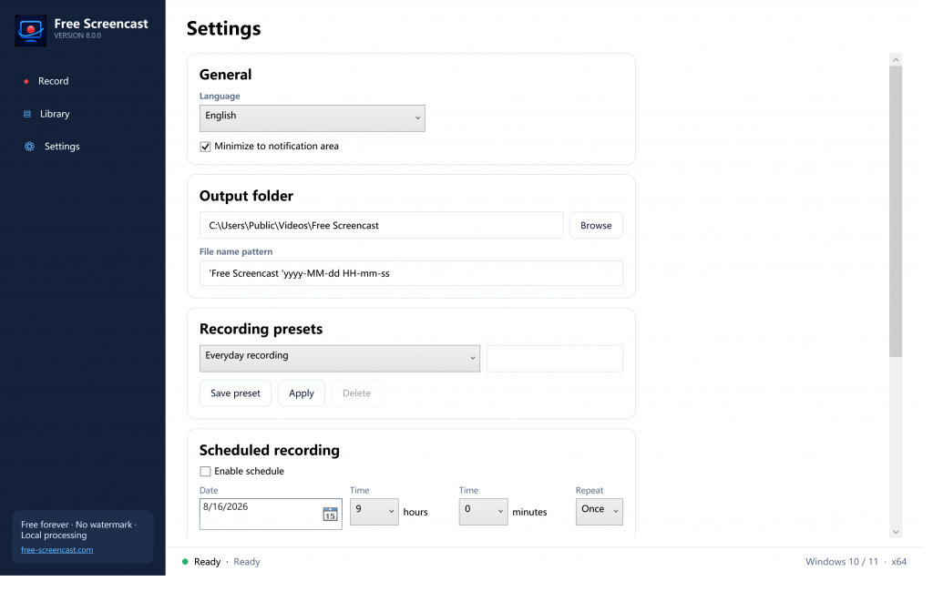 Free Screencast settings with recording presets, schedule date, hour, minute, duration, output folder, and shortcuts