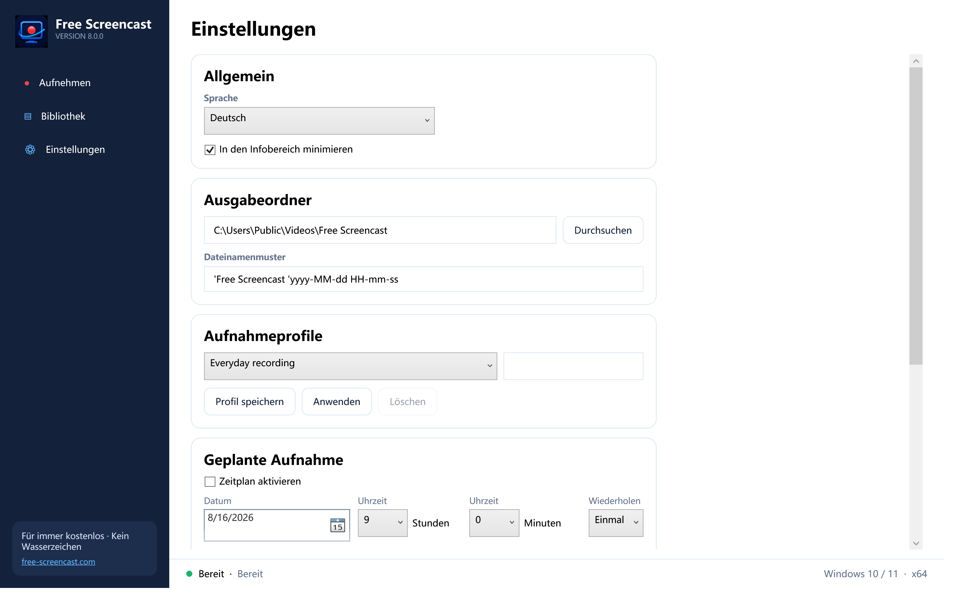 Deutsche Free-Screencast-Einstellungen mit Aufnahmeprofilen und Ausgabeordner