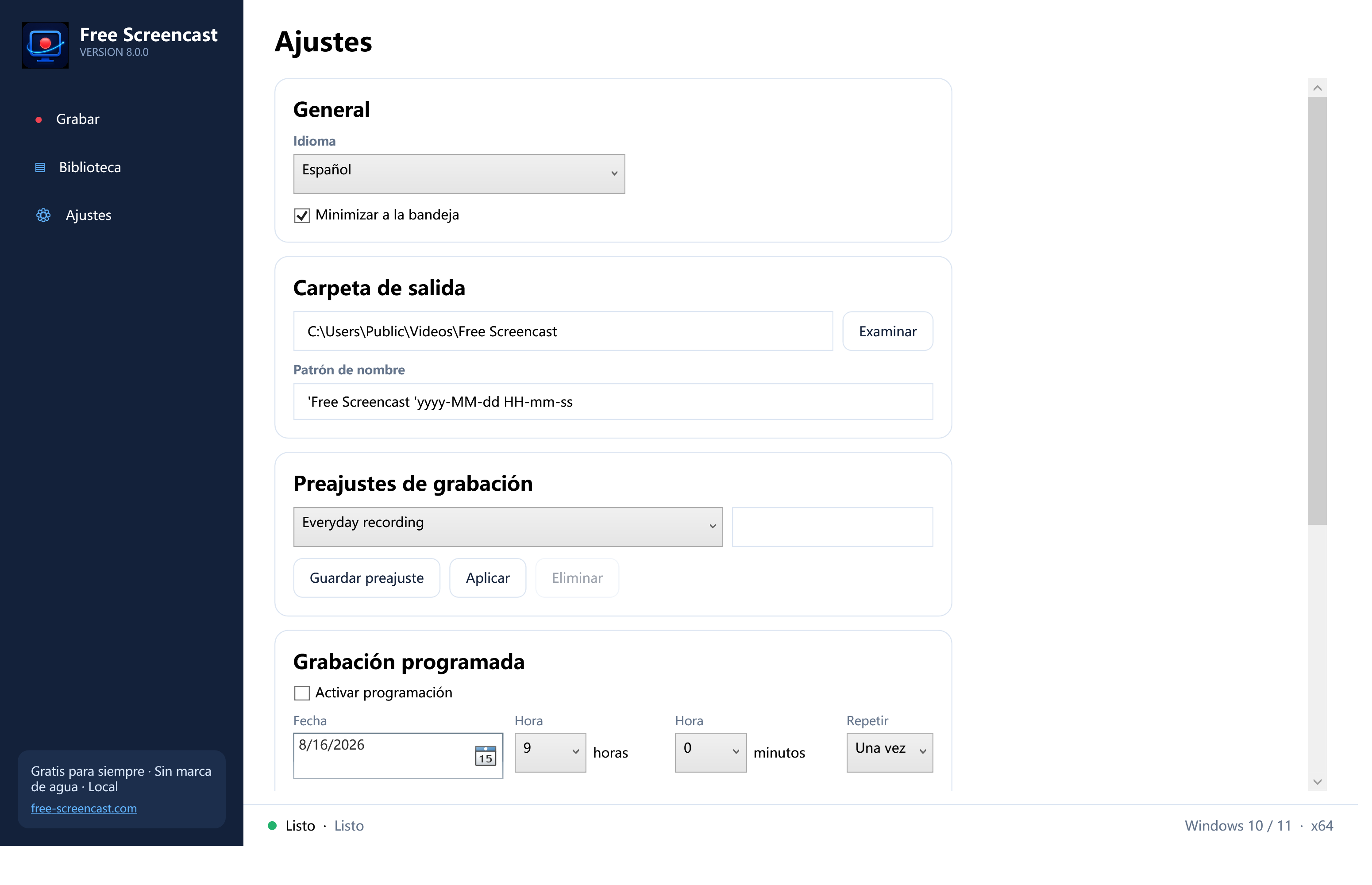 Ajustes de Free Screencast en español con preajustes, cuenta atrás, parada automática y grabación programada