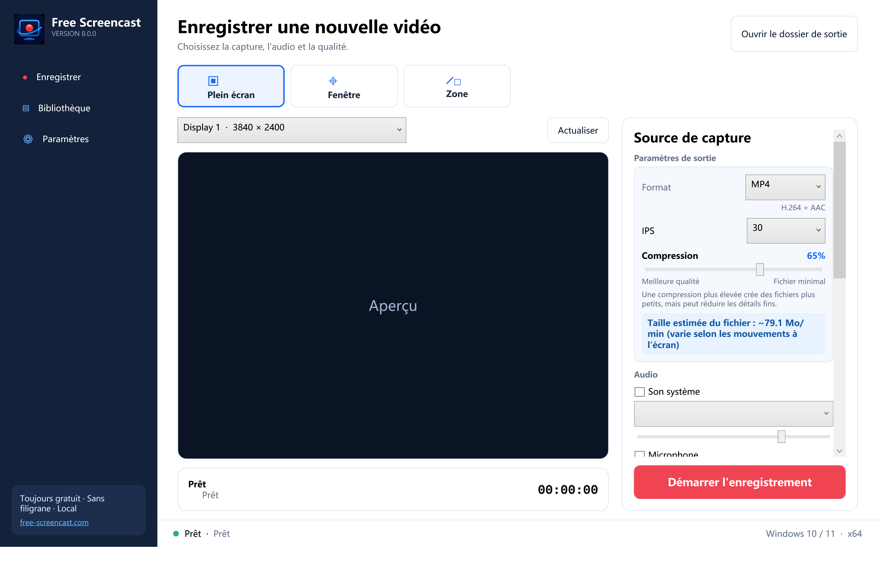 Free Screencast en français avec les choix Plein écran, Fenêtre, Zone, Son système et Microphone