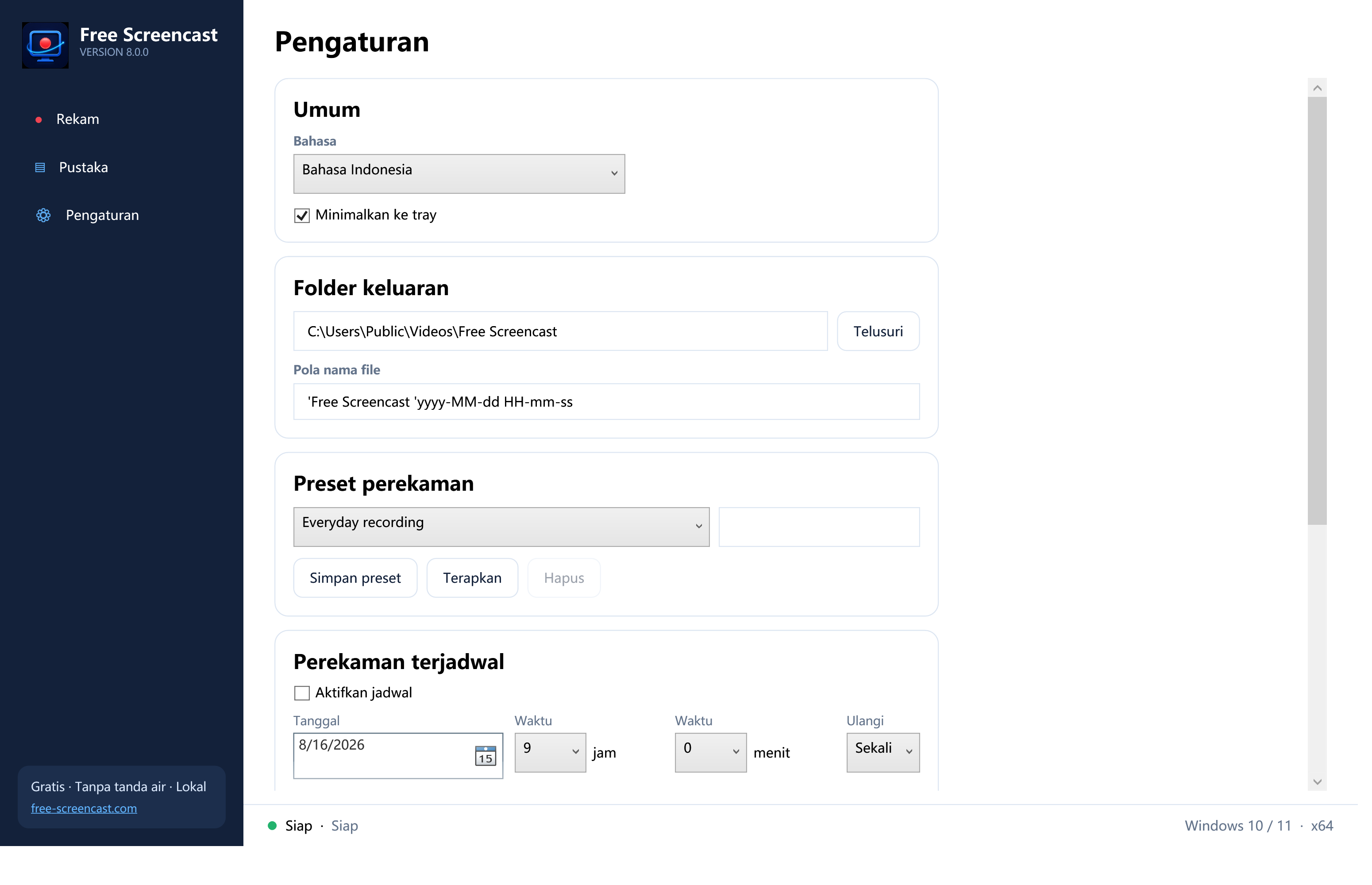Pengaturan Free Screencast Bahasa Indonesia dengan preset, hitung mundur, berhenti otomatis, dan perekaman terjadwal