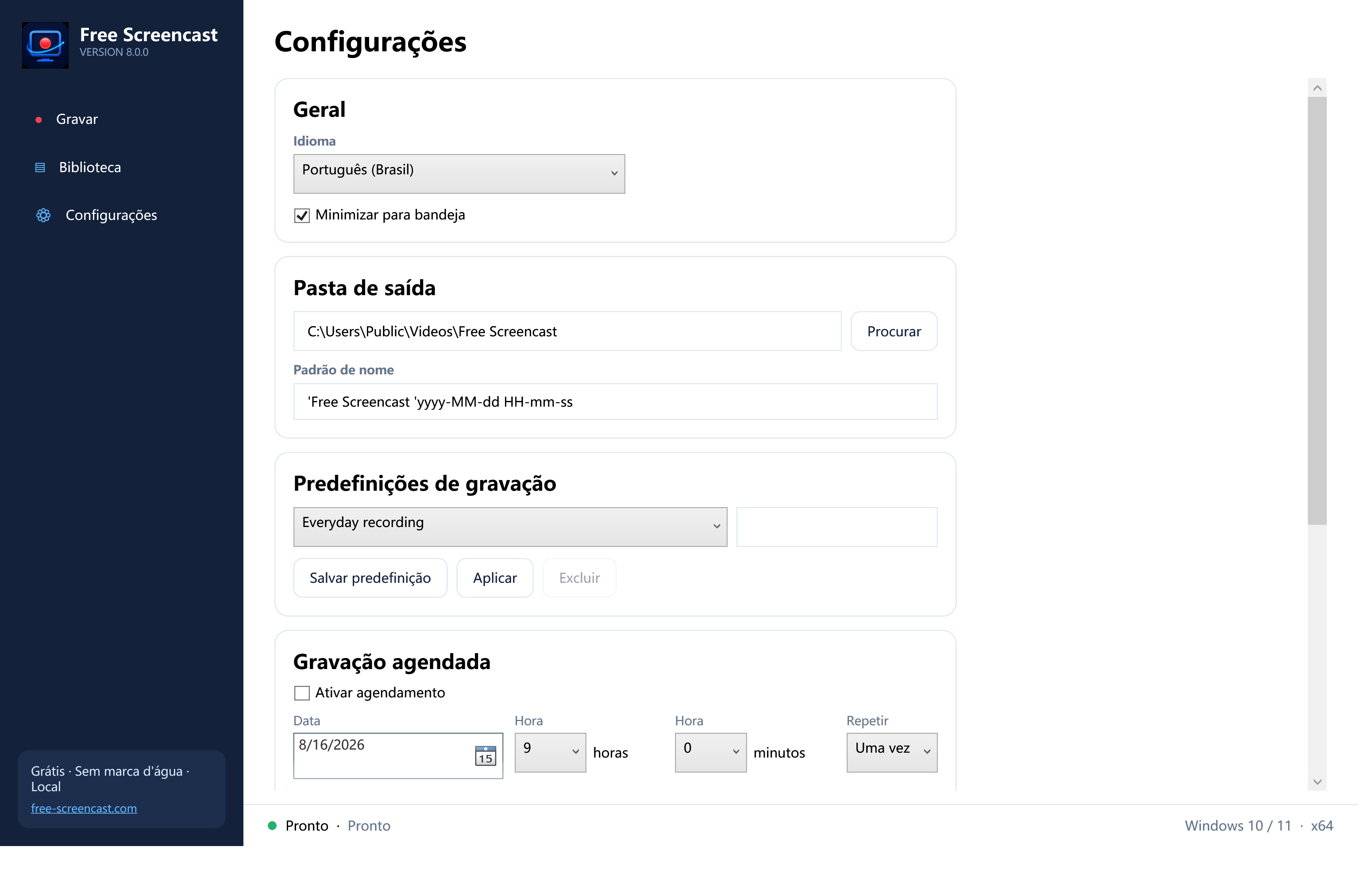 Configurações do Free Screencast em português com predefinições, contagem regressiva, parada automática e gravação agendada